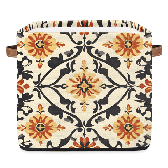 CURLYOOT 13 x 13 Inch Cube Storage Bin, Mexico Floral Fabric Storage Cube Baskets, Abstract Closet Shelves Foldable Bins with Leather Handles for Home Organizer