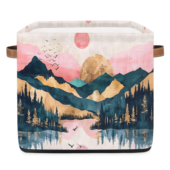 CURLYOOT 13 x 13 Inch Cube Storage Bin, Mountain Forest Tree with Sun Fabric Storage Cube Baskets, Closet Shelves Foldable Bins with Leather Handles for Home Organizer