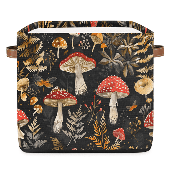CURLYOOT 13 x 13 Inch Cube Storage Bin, Mushroom Plants Forest Fabric Storage Cube Baskets, Closet Shelves Foldable Bins with Leather Handles for Home Organizer