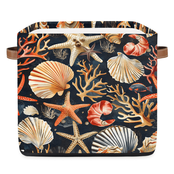CURLYOOT 13 x 13 Inch Cube Storage Bin, Nautical Fabric Storage Cube Baskets, Seashell Starfish Closet Shelves Foldable Bins with Leather Handles for Home Organizer