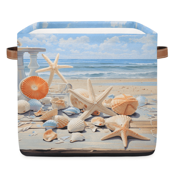 CURLYOOT 13 x 13 Inch Cube Storage Bin, Nautical Starfish Fabric Storage Cube Baskets, Ocean Beach Closet Shelves Foldable Bins with Leather Handles for Home Organizer