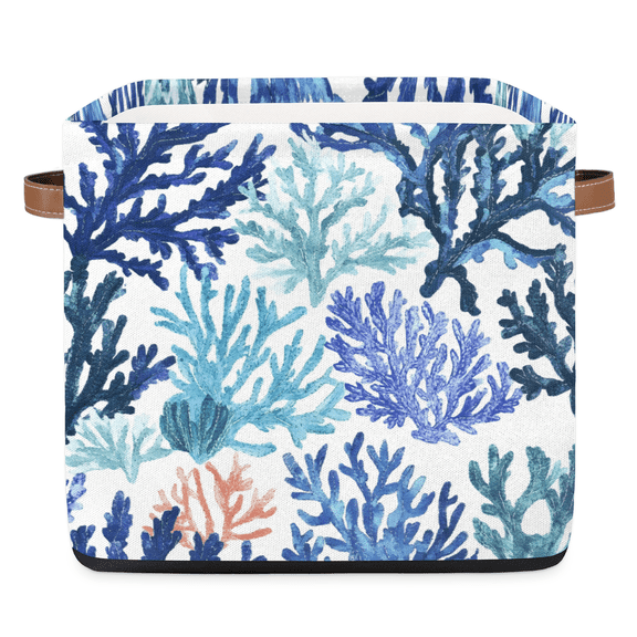 CURLYOOT 13 x 13 Inch Cube Storage Bin, Navy Sea Coral Fabric Storage Cube Baskets, Closet Shelves Foldable Bins with Leather Handles for Home Organizer