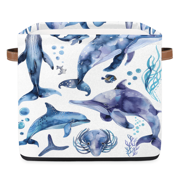 CURLYOOT 13 x 13 Inch Cube Storage Bin, Ocean Whale Underwater Cartoon Animal Fabric Storage Cube Baskets, Closet Shelves Foldable Bins with Leather Handles for Home Organizer