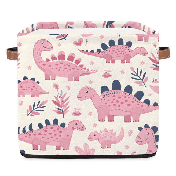 CURLYOOT 13 x 13 Inch Cube Storage Bin, Pinks Dinosaur Animal Fabric Storage Cube Baskets, Closet Shelves Foldable Bins with Leather Handles for Home Organizer