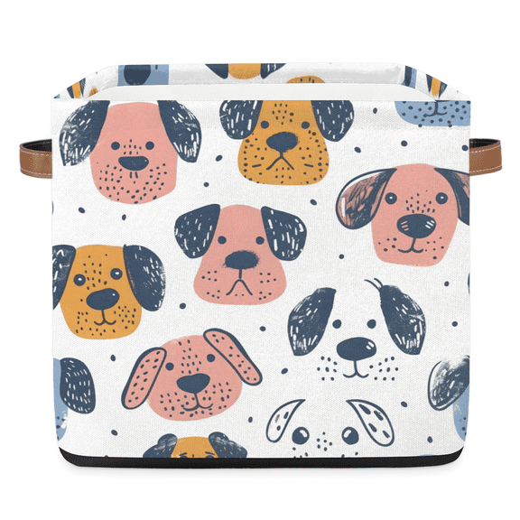 CURLYOOT 13 x 13 Inch Cube Storage Bin, Puppy Fabric Storage Cube Baskets, Closet Shelves Foldable Bins with Leather Handles for Home Organizer