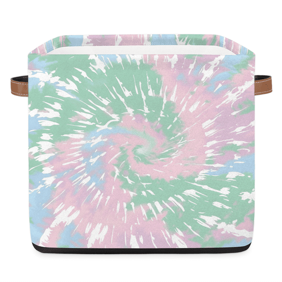 CURLYOOT 13 x 13 Inch Cube Storage Bin, Rainbow Tie Dye Pattern Fabric Storage Cube Baskets, Closet Shelves Foldable Bins with Leather Handles for Home Organizer