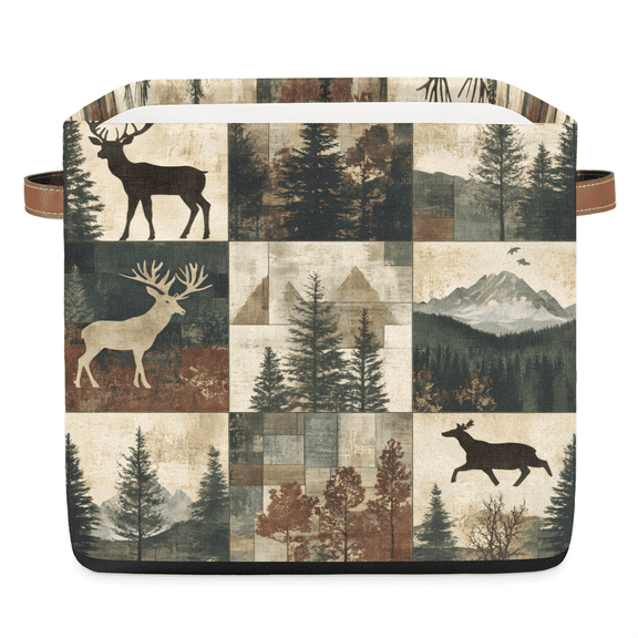 CURLYOOT 13 x 13 Inch Cube Storage Bin, Rustic Cabin Deers Vintage Fabric Storage Cube Baskets, Closet Shelves Foldable Bins with Leather Handles for Home Organizer