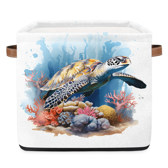 CURLYOOT 13 x 13 Inch Cube Storage Bin, Sea Turtle Fabric Storage Cube Baskets, Closet Shelves Foldable Bins with Leather Handles for Home Organizer