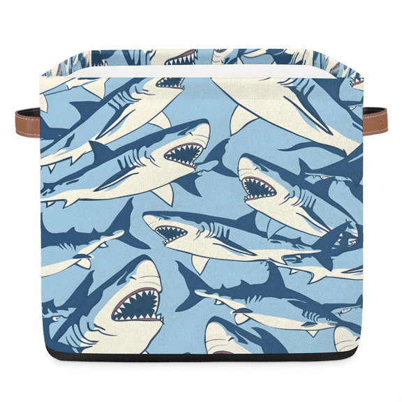 CURLYOOT 13 x 13 Inch Cube Storage Bin, Sharks Nautical Fabric Storage Cube Baskets, Closet Shelves Foldable Bins with Leather Handles for Home Organizer