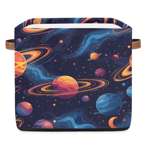 CURLYOOT 13 x 13 Inch Cube Storage Bin, Space Themed Fabric Storage Cube Baskets, Space Themed Closet Shelves Foldable Bins with Leather Handles for Home Organizer