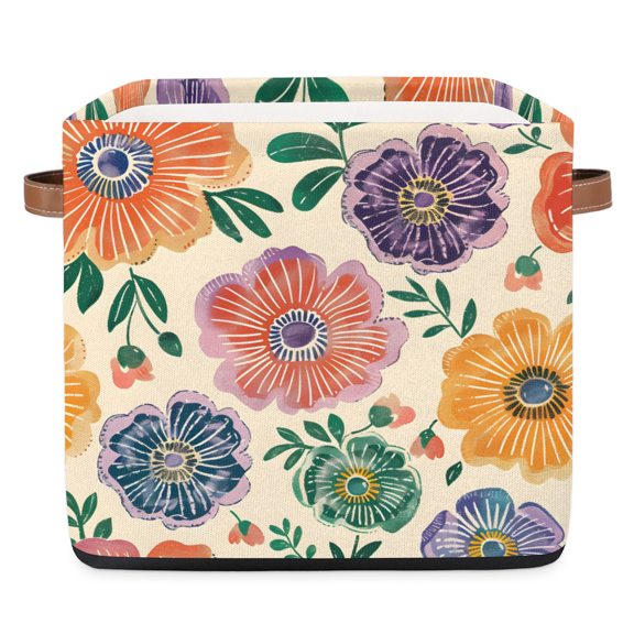 CURLYOOT 13 x 13 Inch Cube Storage Bin, Spring Boho Floral Fabric Storage Cube Baskets, Closet Shelves Foldable Bins with Leather Handles for Home Organizer