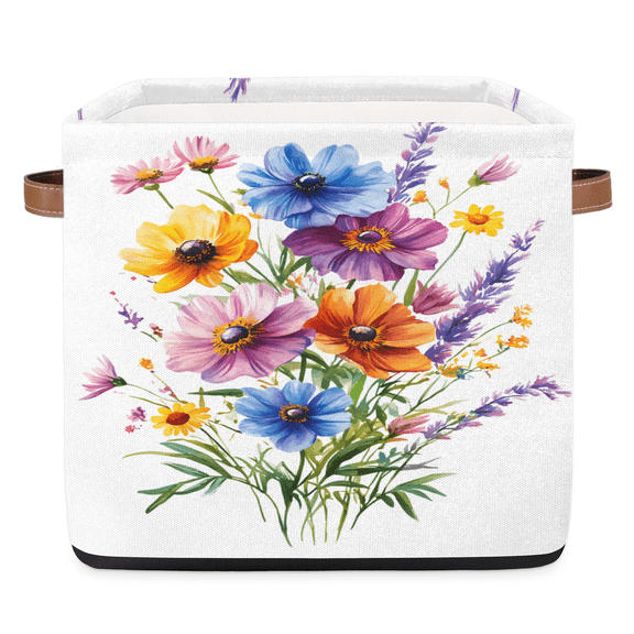 CURLYOOT 13 x 13 Inch Cube Storage Bin, Spring Farmhouse Flower Floral Fabric Storage Cube Baskets, Closet Shelves Foldable Bins with Leather Handles for Home Organizer