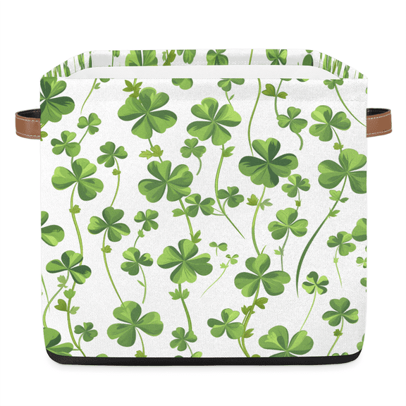 CURLYOOT 13 x 13 Inch Cube Storage Bin, St. Patrick's Day Fabric Storage Cube Baskets, Shamrock Leaf Closet Shelves Foldable Bins with Leather Handles for Home Organizer