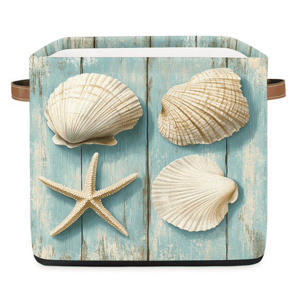 CURLYOOT 13 x 13 Inch Cube Storage Bin, Starfish Coral Nautical Wood Fabric Storage Cube Baskets, Closet Shelves Foldable Bins with Leather Handles for Home Organizer