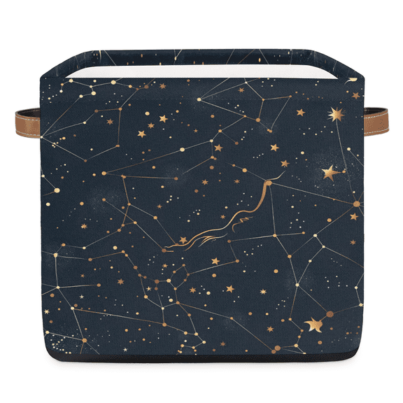 CURLYOOT 13 x 13 Inch Cube Storage Bin, Starry Universe Constellation Galaxy Space Fabric Storage Cube Baskets, Closet Shelves Foldable Bins with Leather Handles for Home Organizer