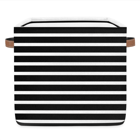 CURLYOOT 13 x 13 Inch Cube Storage Bin, Stripe Fabric Storage Cube Baskets, Black White Closet Shelves Foldable Bins with Leather Handles for Home Organizer