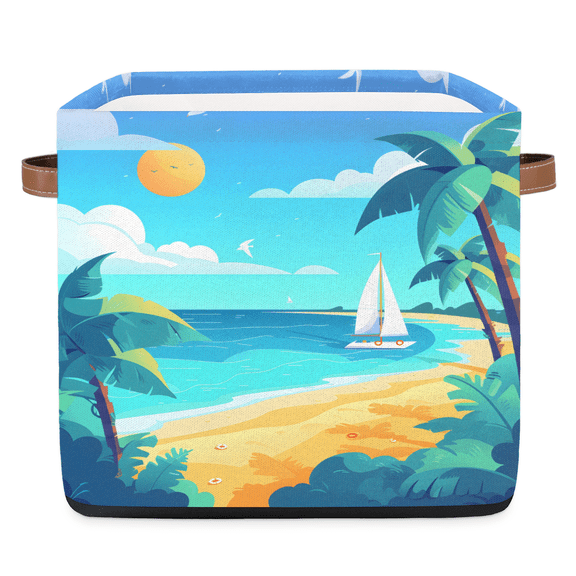 CURLYOOT 13 x 13 Inch Cube Storage Bin, Summer Beach Fabric Storage Cube Baskets, Tropical Island Closet Shelves Foldable Bins with Leather Handles for Home Organizer