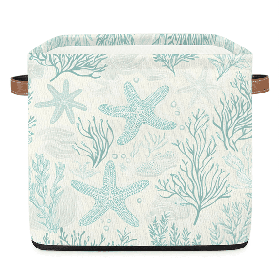 CURLYOOT 13 x 13 Inch Cube Storage Bin, Summer Teal Seashell Starfish Coral Fabric Storage Cube Baskets, Closet Shelves Foldable Bins with Leather Handles for Home Organizer