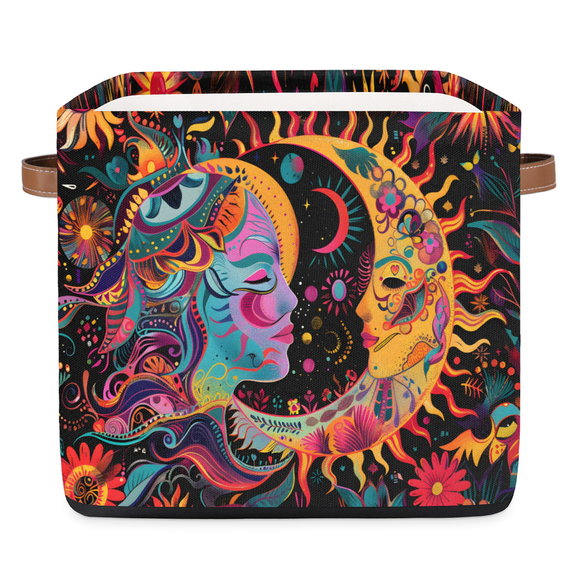 CURLYOOT 13 x 13 Inch Cube Storage Bin, Sun And Moon Boho Abstract Fabric Storage Cube Baskets, Closet Shelves Foldable Bins with Leather Handles for Home Organizer