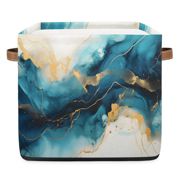 CURLYOOT 13 x 13 Inch Cube Storage Bin, Teal Gold Marble Waves Fabric Storage Cube Baskets, Closet Shelves Foldable Bins with Leather Handles for Home Organizer