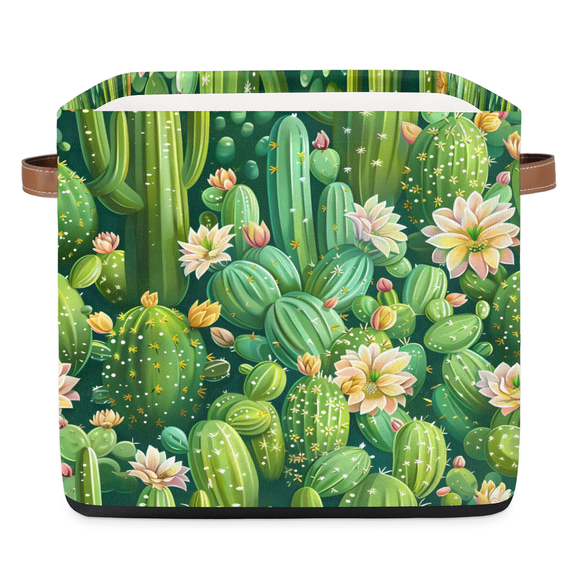 CURLYOOT 13 x 13 Inch Cube Storage Bin, Tropical Cactus Fabric Storage Cube Baskets, Closet Shelves Foldable Bins with Leather Handles for Home Organizer