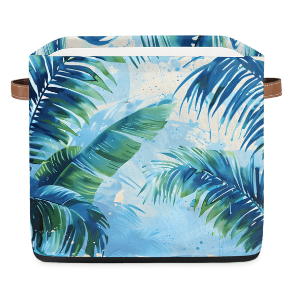 CURLYOOT 13 x 13 Inch Cube Storage Bin, Tropical Teal Leaf Palm Fabric Storage Cube Baskets, Closet Shelves Foldable Bins with Leather Handles for Home Organizer