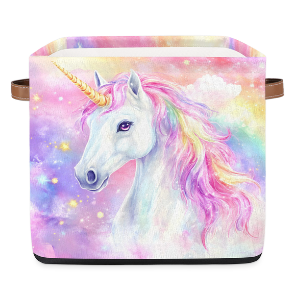 CURLYOOT 13 x 13 Inch Cube Storage Bin, Unicorn Fancy Cartoon Fabric Storage Cube Baskets, Closet Shelves Foldable Bins with Leather Handles for Home Organizer