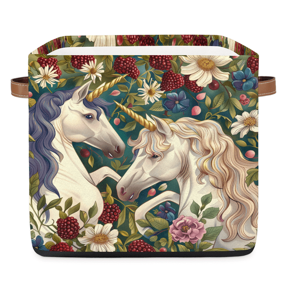 CURLYOOT 13 x 13 Inch Cube Storage Bin, Unicorn Fantasy Colorful Animal Fabric Storage Cube Baskets, Closet Shelves Foldable Bins with Leather Handles for Home Organizer