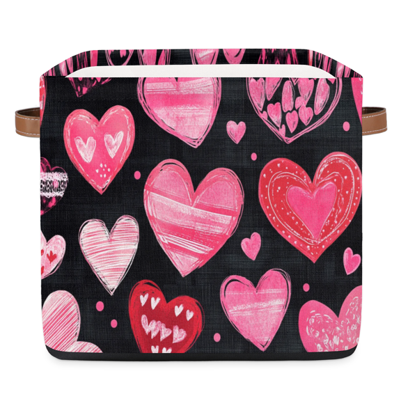 CURLYOOT 13 x 13 Inch Cube Storage Bin, Valentine's Day Red Pinks Heart Fabric Storage Cube Baskets, Closet Shelves Foldable Bins with Leather Handles for Home Organizer