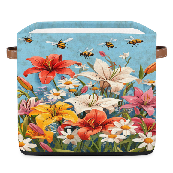 CURLYOOT 13 x 13 Inch Cube Storage Bin, Vintage Floral Spring Summer Fabric Storage Cube Baskets, Closet Shelves Foldable Bins with Leather Handles for Home Organizer