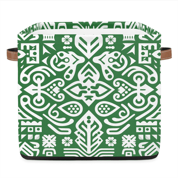 CURLYOOT 13 x 13 Inch Cube Storage Bin, Vintage Geometric Fabric Storage Cube Baskets, Green Closet Shelves Foldable Bins with Leather Handles for Home Organizer