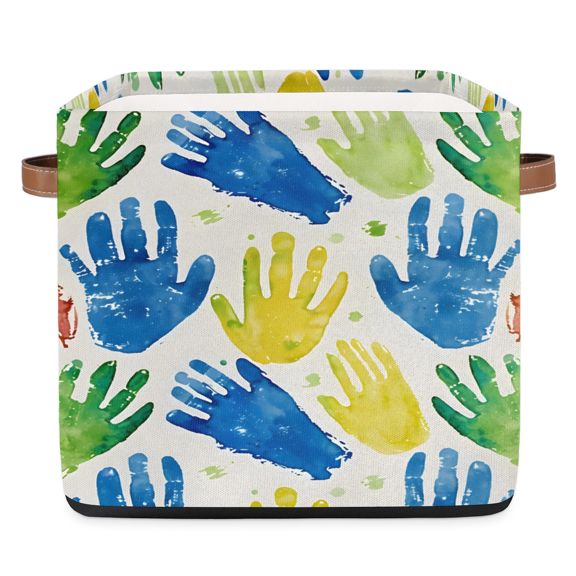 CURLYOOT 13 x 13 Inch Cube Storage Bin, Watercolor Art Abstract Fabric Storage Cube Baskets, Closet Shelves Foldable Bins with Leather Handles for Home Organizer