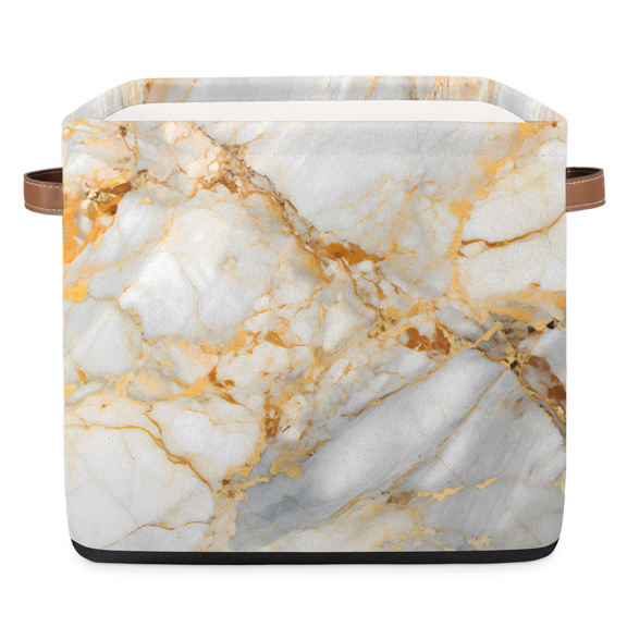 CURLYOOT 13 x 13 Inch Cube Storage Bin, White Gold Marble Fabric Storage Cube Baskets, Closet Shelves Foldable Bins with Leather Handles for Home Organizer