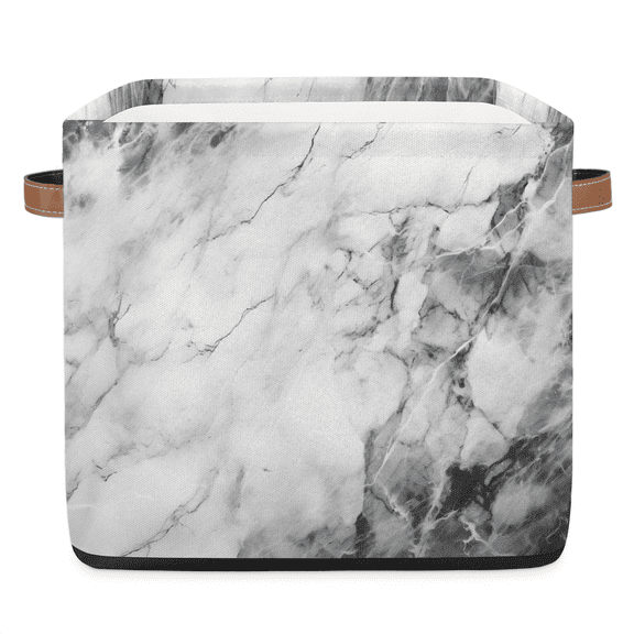 CURLYOOT 13 x 13 Inch Cube Storage Bin, White Grey Marble Fabric Storage Cube Baskets, Closet Shelves Foldable Bins with Leather Handles for Home Organizer