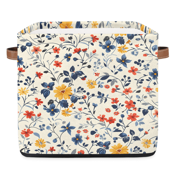 CURLYOOT 13 x 13 Inch Cube Storage Bin, Wildflower Fabric Storage Cube Baskets, Rustic Closet Shelves Foldable Bins with Leather Handles for Home Organizer