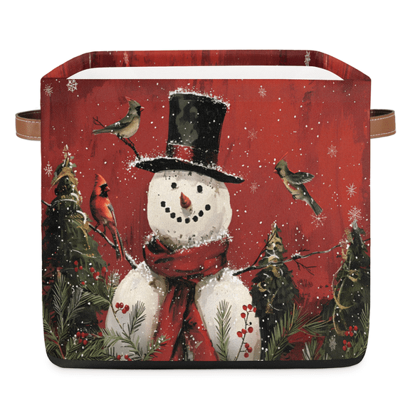 CURLYOOT 13 x 13 Inch Cube Storage Bin, Xmas Snowman Winter with Birds Fabric Storage Cube Baskets, Closet Shelves Foldable Bins with Leather Handles for Home Organizer