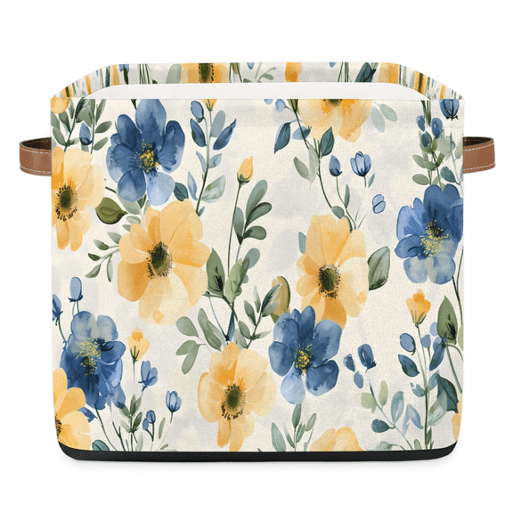 CURLYOOT 13 x 13 Inch Cube Storage Bin, Yellow and Blue Floral Plant Fabric Storage Cube Baskets, Closet Shelves Foldable Bins with Leather Handles for Home Organizer
