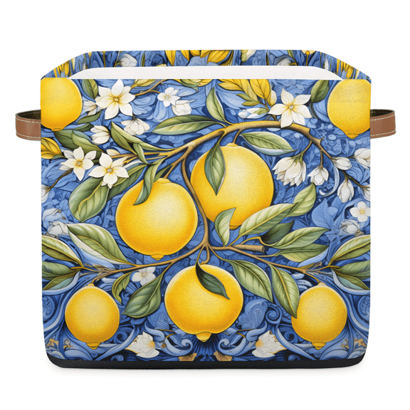 CURLYOOT 13 x 13 Inch Cube Storage Bin, Yellow Lemon Fabric Storage Cube Baskets, Blue Floral Leaves Closet Shelves Foldable Bins with Leather Handles for Home Organizer