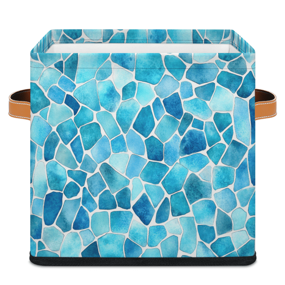 CURLYOOT Abstract Cube Storage Bin 11 Inch Fabric Storage Cube for Shelves Decorative Teal Blue Marble Foldable Basket with Leather Handle for Closet Shelves Organizer