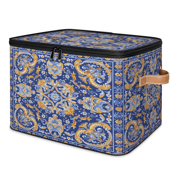 CURLYOOT Abstract Floral Boho Storage Bin with Zipper Lid, Fabric Decorative Lidded Storage Baskets Boxes, Foldable Organizer Container Basket for Bedroom Closet Shelf