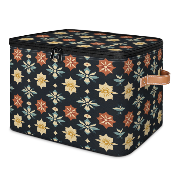 CURLYOOT Abstract Floral Storage Bins with Zipper Lid Fabric Storage Baskets Boxes Ethnic Geometric Washable Foldable Clothes Organizer Container with Leather Handles for Shelves Closet