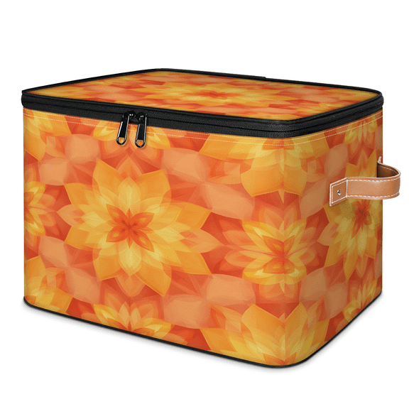 CURLYOOT Abstract Floral Storage Bins with Zipper Lid Fabric Storage Baskets Boxes Ethnic Washable Foldable Clothes Organizer Container with Leather Handles for Shelves Closet