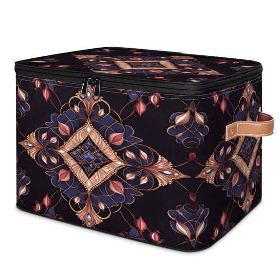CURLYOOT Abstract Flower Storage Bins with Zipper Lid Fabric Storage Baskets Boxes Mexican Washable Foldable Clothes Organizer Container with Leather Handles for Shelves Closet