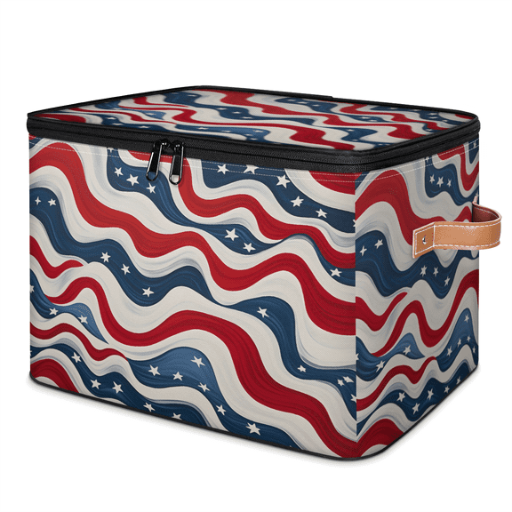 CURLYOOT Abstract Geometric Storage Bins with Zipper Lid Fabric Storage Baskets Boxes American flag Washable Foldable Clothes Organizer Container with Leather Handles for Shelves Closet