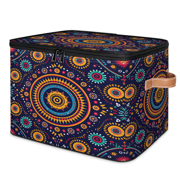CURLYOOT Abstract Geometric Storage Bins with Zipper Lid Fabric Storage Baskets Boxes Ethnic Boho Washable Foldable Clothes Organizer Container with Leather Handles for Shelves Closet