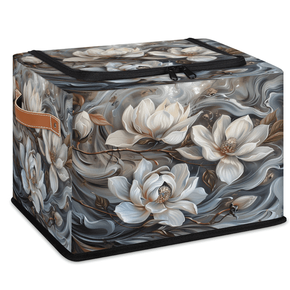 CURLYOOT Abstract Grey Magnolia Flowers Storage Bin With Zipper Lid, Foldable Clothes Organizer Lidded Storage Baskets, Rectangular Box Closet Shelf Container Organizer for Home Dorm