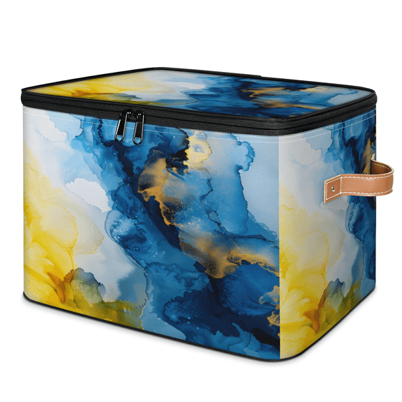 CURLYOOT Abstract Marble Fabric Storage Bins with Lids, Modern Foldable Storage Boxes Washable Storage Cube, Closet Bedroom Home Organizer Containers with PU Leather Handles