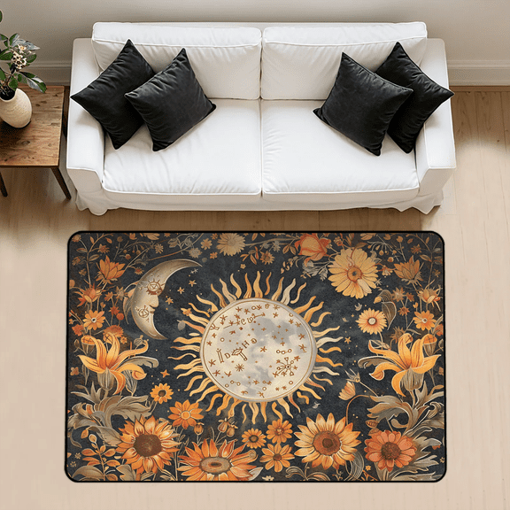 CURLYOOT Abstract Moon Boho Plant Area Rug 3x5 Ft Rugs for Entryway Entrance Kitchen, Washable Non Slip Indoor Floor Carpet for Bedroom Living Room