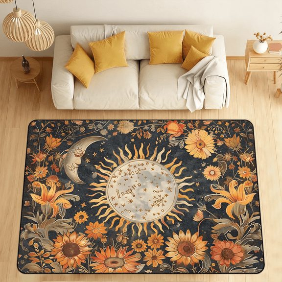 CURLYOOT Abstract Moon Boho Plant Area Rugs 5'x7' Washable Rug Large Living Room Rug Non Slip Indoor Floor Carpet for Dining Room Bedroom Home