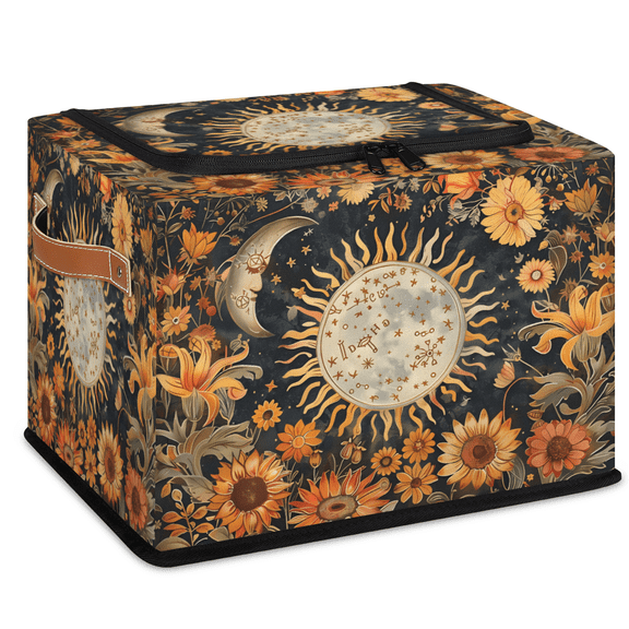 CURLYOOT Abstract Moon Boho Plant Storage Bin With Zipper Lid, Foldable Clothes Organizer Lidded Storage Baskets, Rectangular Box Closet Shelf Container Organizer for Home Dorm